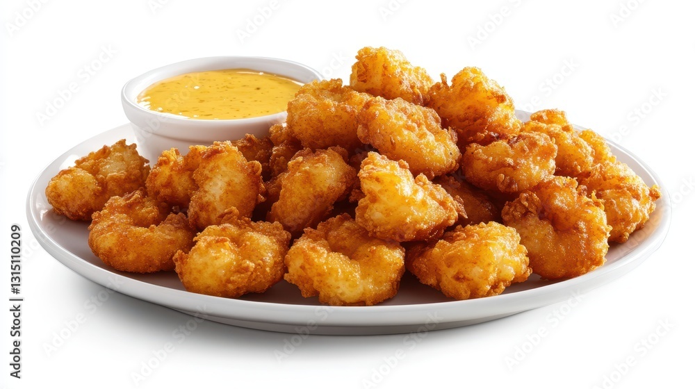 A plate of crispy fried shrimp with garlic butter sauce on a white isolated background A plate of crispy fried shrimp with garlic butter sauce on a white isolated background