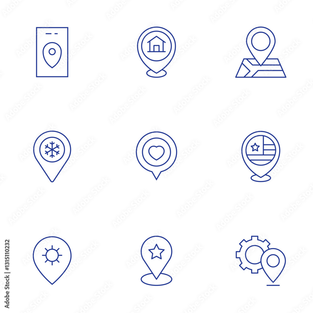 Location icons set. Thin Line style, editable stroke. location, location pin, route, safe place