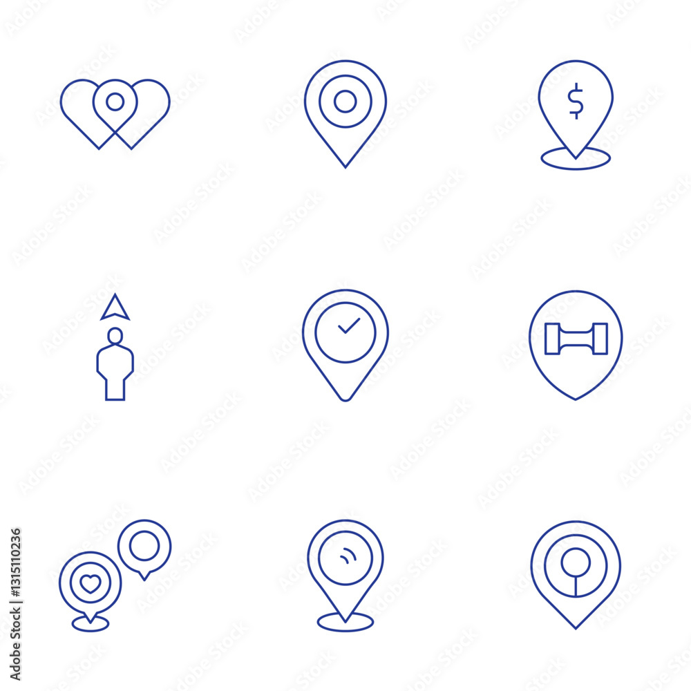 Location icons set. Thin Line style, editable stroke. location, location pin, positioning, place, placeholder Location icons set. Thin Line style, editable stroke. location, location pin, positioning, place, placeholder