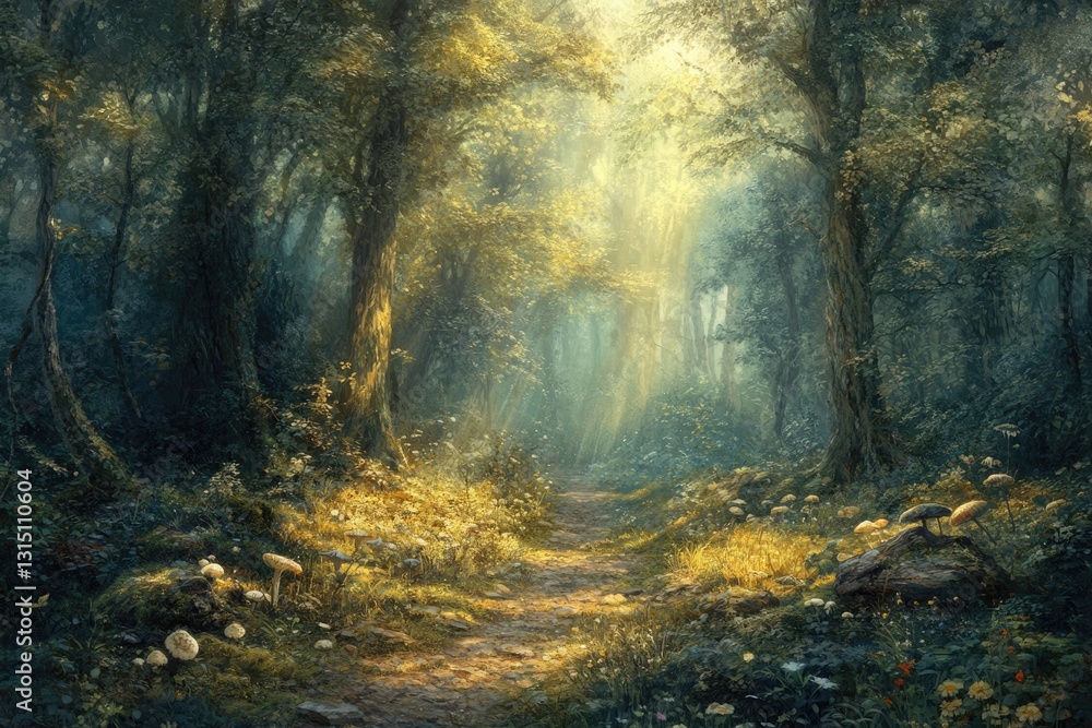 Obraz premium Sunlit path winds through a mystical forest, dappled light illuminating mushrooms and lush greenery.