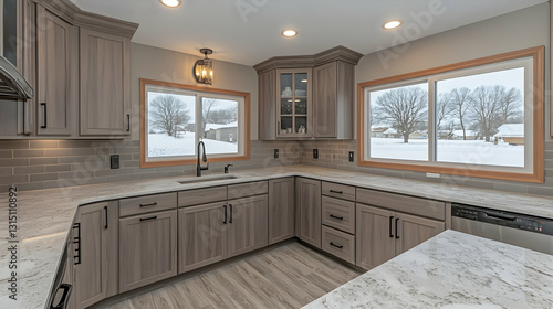 Modern kitchen remodel, L-shaped design, winter view, granite countertop, interior design, home improvement photo