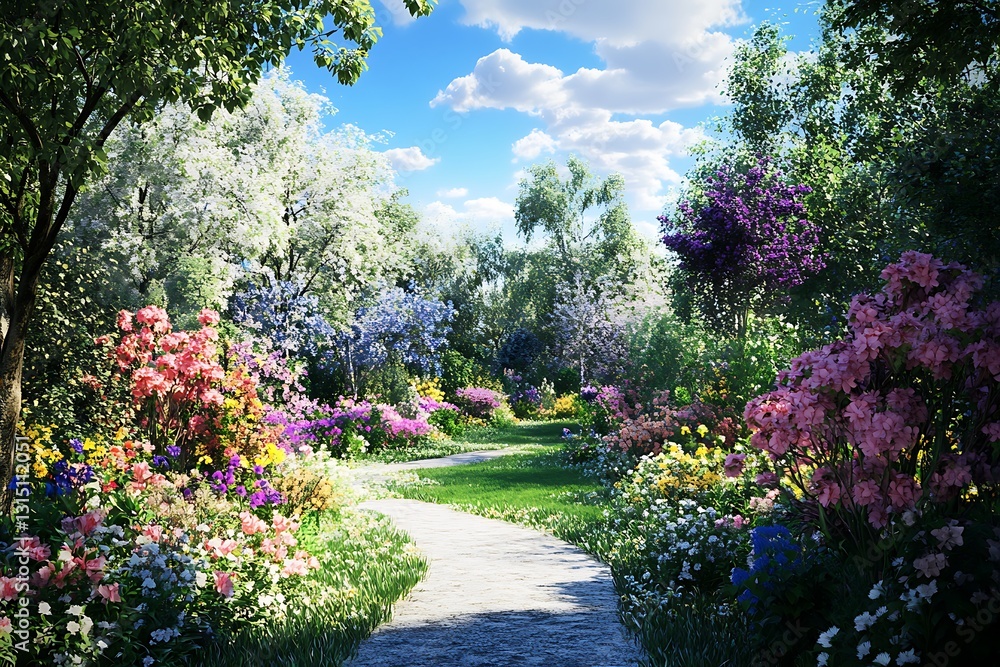 Naklejka premium A vibrant garden path surrounded by colorful flowers and lush greenery under a blue sky.