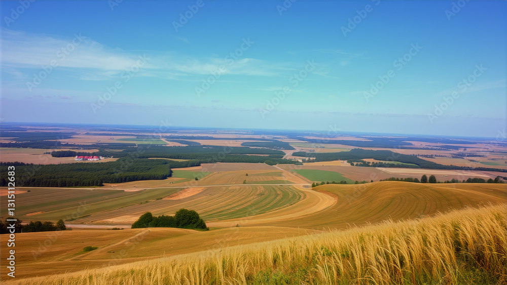 Fototapeta premium Rolling Hills and Farmland Under a Blue Sky
