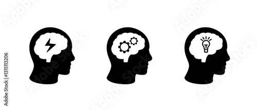 Three human head icons with brain symbols express creative brainpower and cognitive functions.