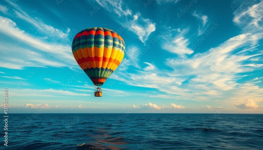 A vibrant hot air balloon ascends gracefully over a tranquil ocean, beneath a breathtaking expanse of sky adorned with picturesque clouds. A vibrant hot air balloon ascends gracefully over a tranquil ocean, beneath a breathtaking expanse of sky adorned with picturesque clouds.