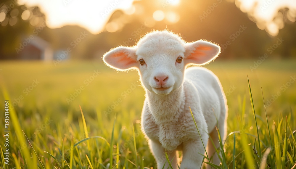 Obraz premium Adorable lamb standing in a sun-drenched meadow at sunset
