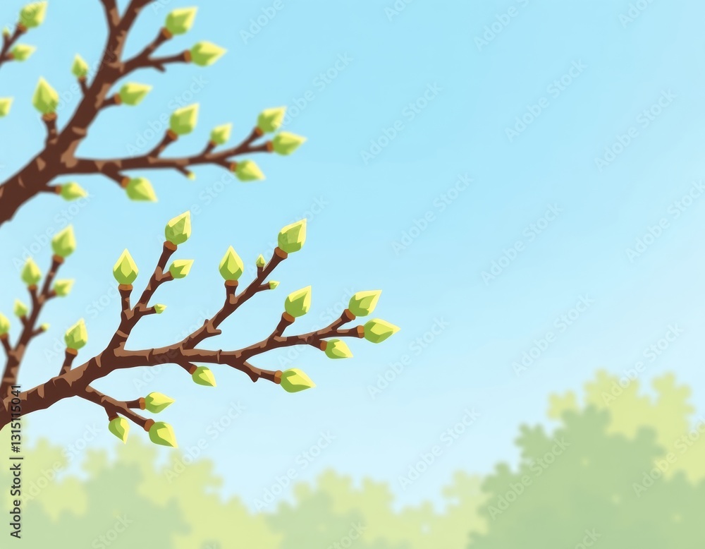 Minimalist Tree Branch with Green Buds, Blue Sky Background, Copy Space for Text, Spring Light, Illustration for Marketing Materials Minimalist Tree Branch with Green Buds, Blue Sky Background, Copy Space for Text, Spring Light, Illustration for Marketing Materials