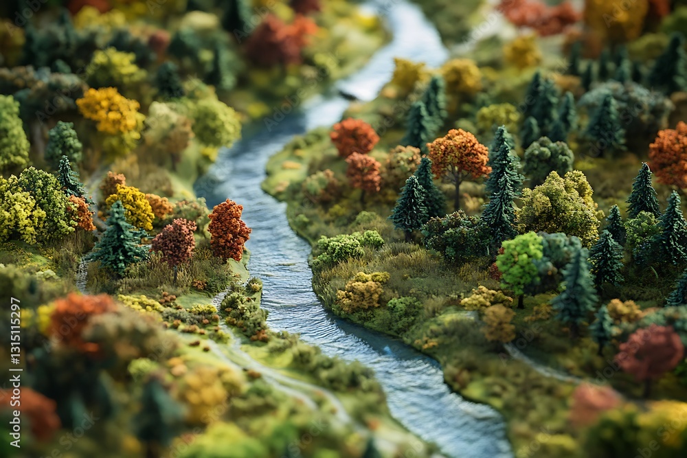 A detailed model of a vibrant forest landscape with a winding river. A detailed model of a vibrant forest landscape with a winding river.