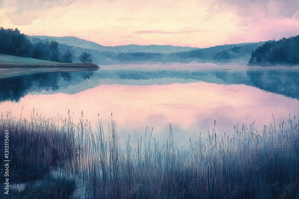 Fototapeta premium Serene sunrise over a tranquil lake, reflected in still waters, mist hanging over the distant hills.