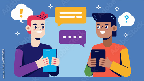 Two friends texting each other about the importance of creating strong and unique passwords to secure online accounts.. Vector illustration