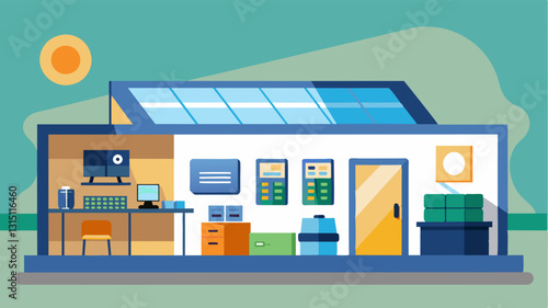 Inside the workshop a display showcased the various sizes and types of solar panels available for home installation providing options for residents to choose what works best for. Vector illustration