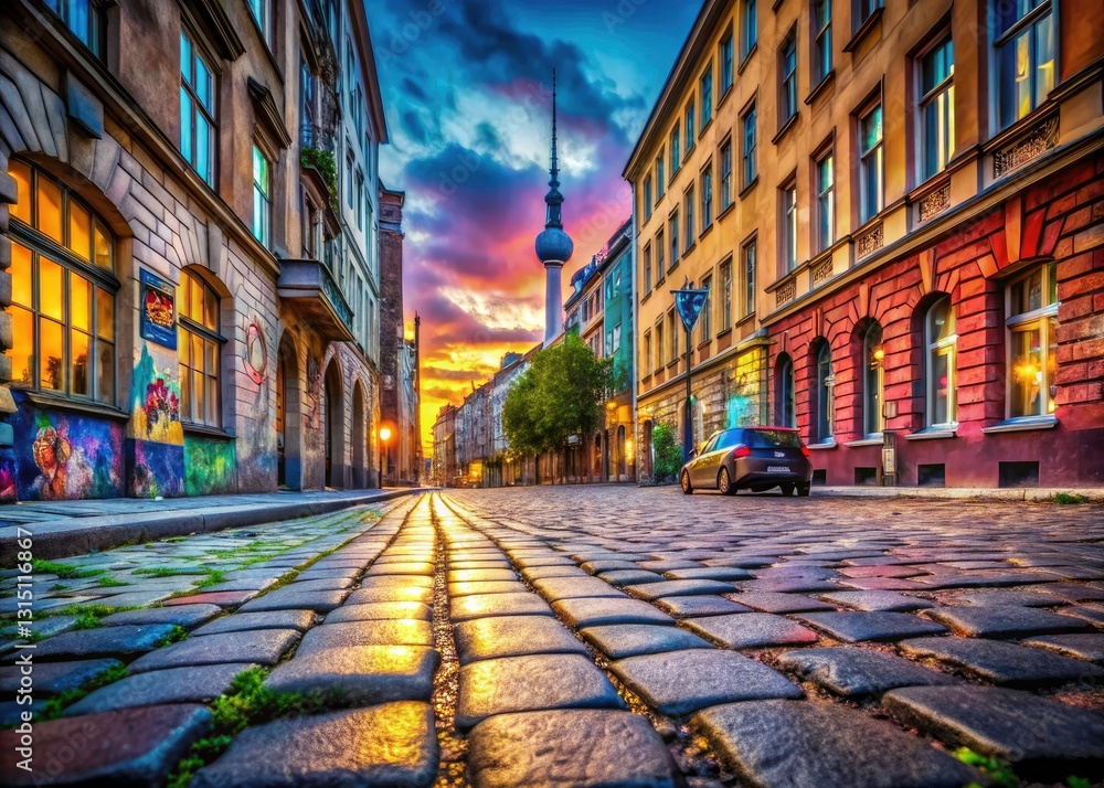 Fototapeta premium Berlin Street Texture Panoramic Photography: Urban Grit, Cobblestone Streets, Cityscape Panorama