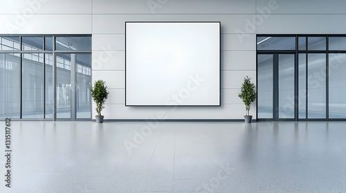Large Blank White Poster Mockup In A Modern Bright Hallway With Glass Doors Potted Plants And Polished Concrete Floor 3D Rendering