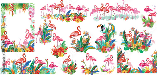Tropical Arrangements with Flamingos and Flowers. Pre-made Design Elements for Summer Templates, Party Invitations, Cards, Posters, Banners, and More.