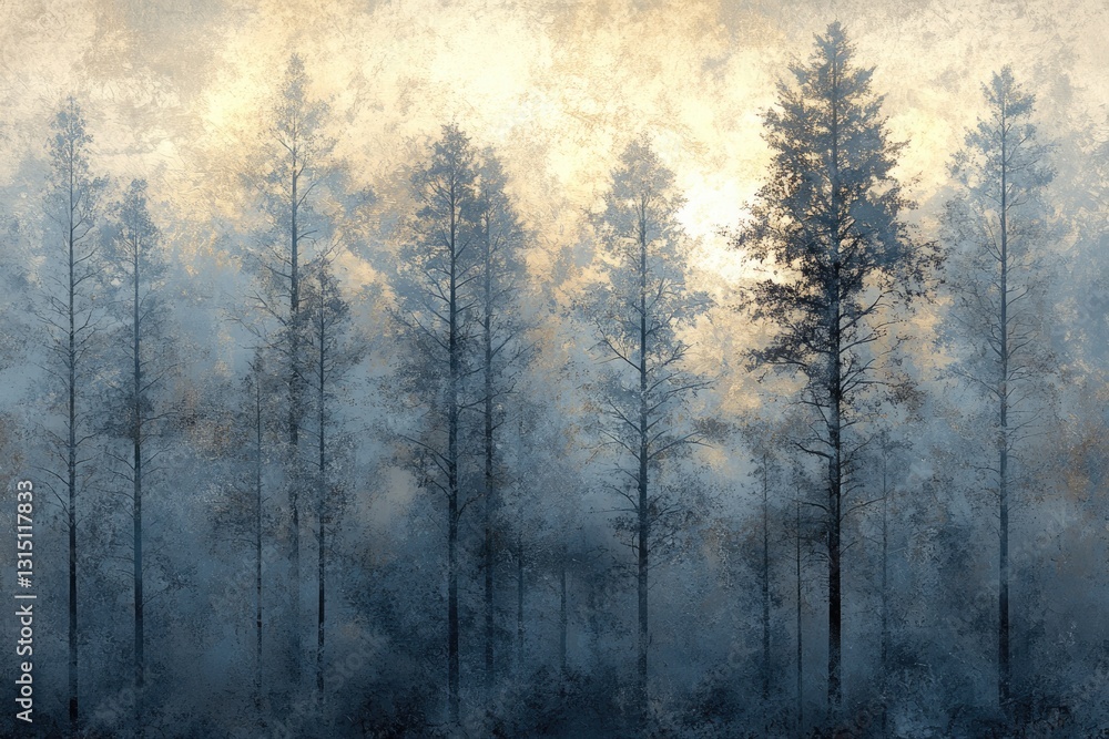 Fototapeta premium Misty forest scene at dawn, tall trees silhouetted against a soft golden light.