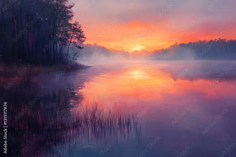 Serene sunrise over a misty lake, reflecting vibrant colors of dawn, tranquil forest. Serene sunrise over a misty lake, reflecting vibrant colors of dawn, tranquil forest.
