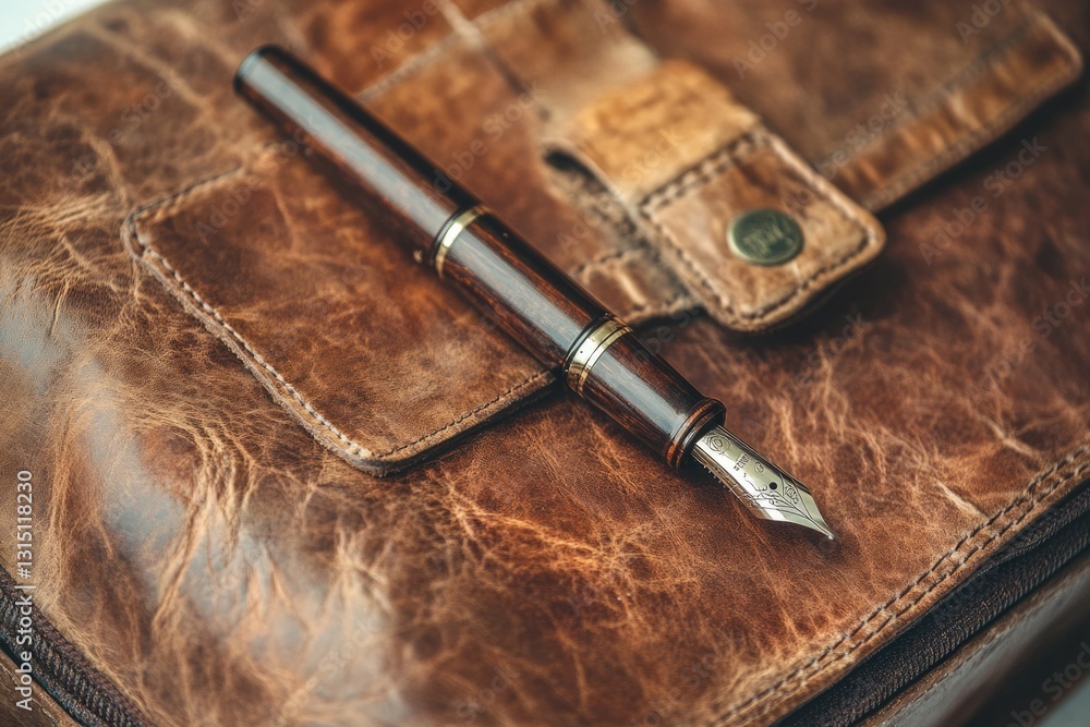 Naklejka premium An elegant wooden fountain pen rests on a textured brown leather bag.