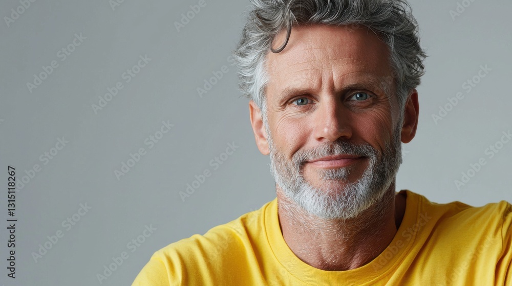 Obraz premium A man with a beard and gray hair is smiling and wearing a yellow shirt