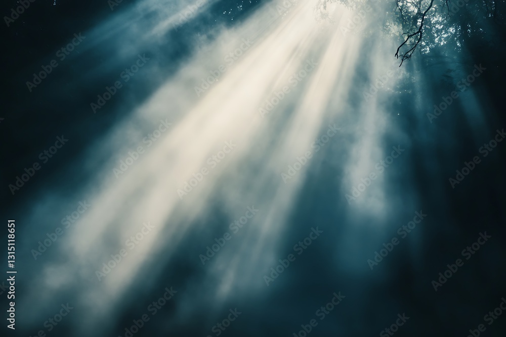 Fototapeta premium Tranquil Misty Landscape with Sunlight Beams Reflecting on Water