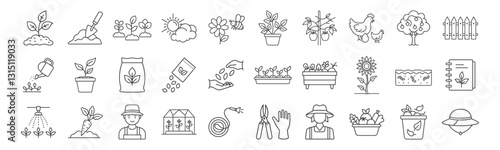 Gardening, Agriculture line icon set. Vector pictograms of grow your own food, watering can, greenhouse, seedling, sprout, farmer, pollination, fertilizer thin linear illustration.