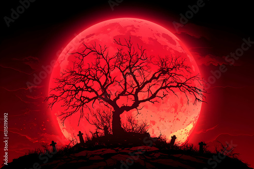 Spooky scene of a barren tree on a hill beneath a giant, glowing red moon
