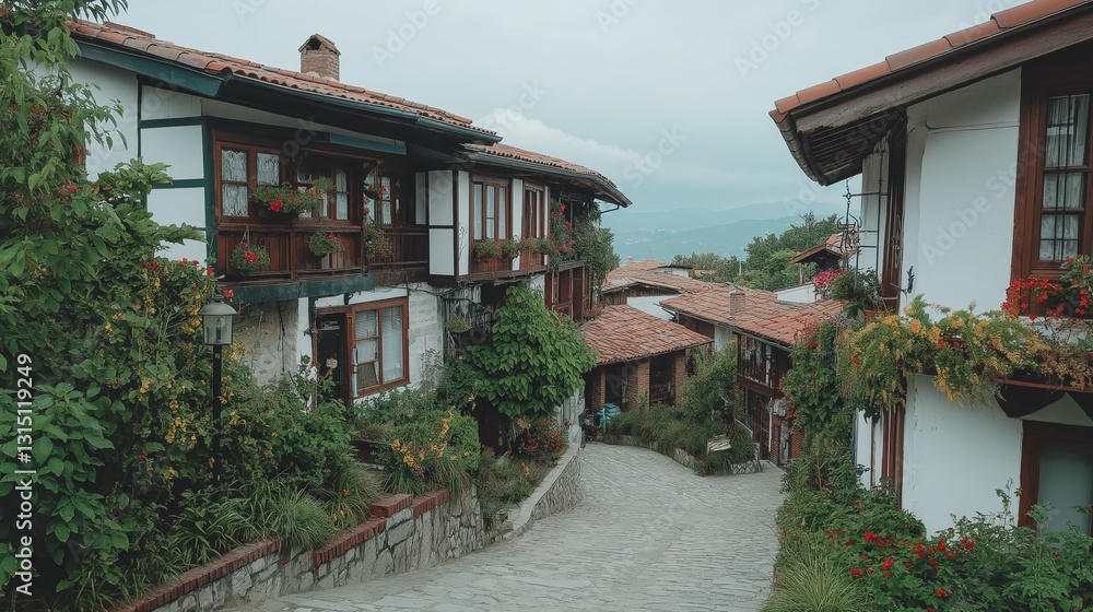 Obraz premium Charming cobblestone street in a picturesque village surrounded by lush greenery and traditional turkish architecture
