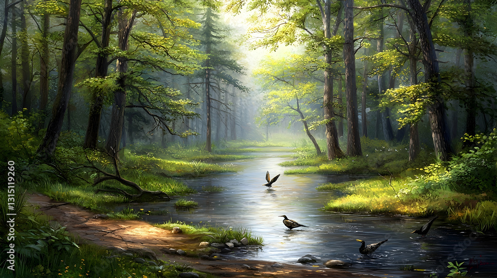 Obraz premium Serene forest stream, sunlit path, birds bathing, misty background. Ideal for nature, tranquility, peace themes