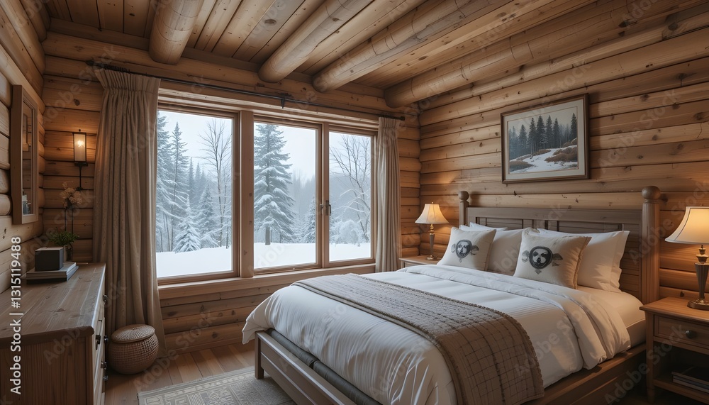 Rustic Cabin Bedroom With Winter View And Wooden Accents Rustic Cabin Bedroom With Winter View And Wooden Accents
