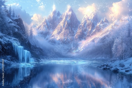 Serene winter landscape: snow-capped mountains reflect in a frozen lake, a waterfall cascades down icy cliffs.