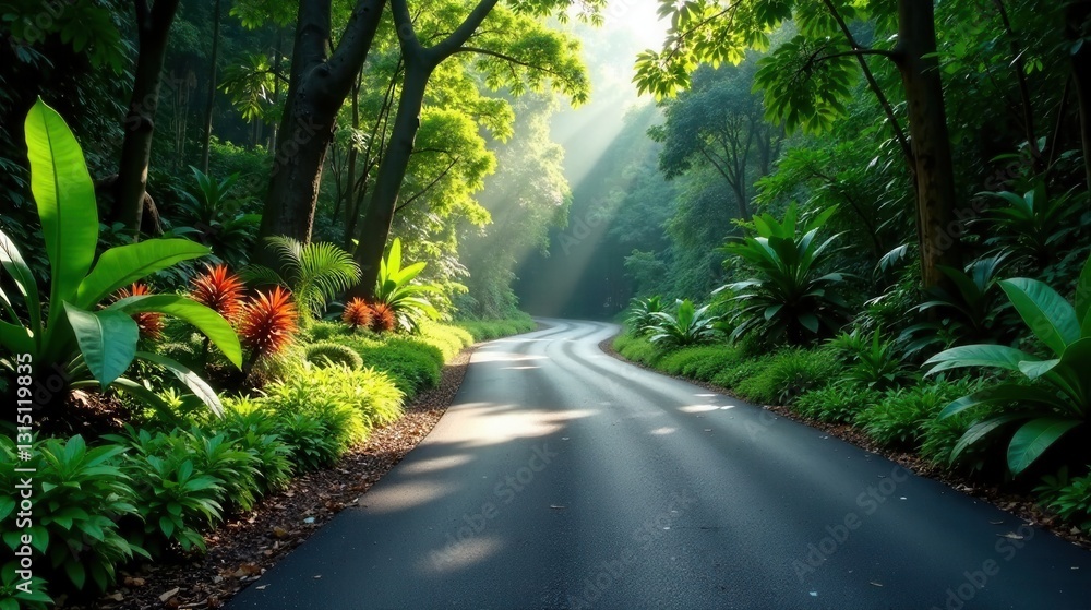 Naklejka premium Serene Winding Road Through Lush Tropical Foliage Bathed in Golden Sunlight