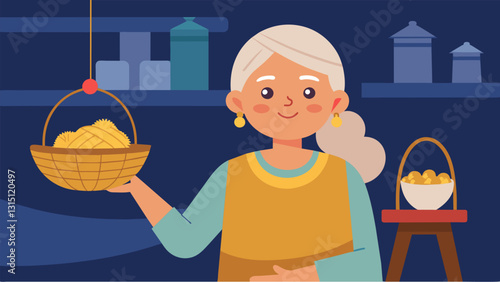 A senior woman proudly displaying her handwoven basket at a crafting club showcase.. Vector illustration
