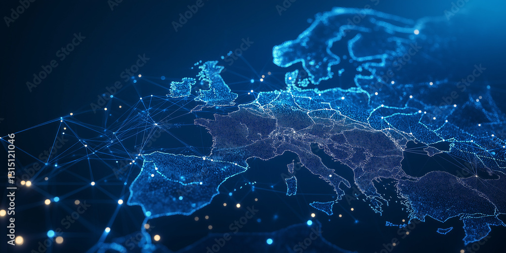 Digital network map of europe with glowing connections Digital network map of europe with glowing connections