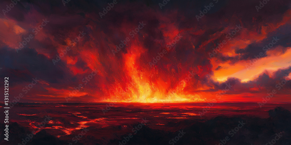 Dramatic fiery sunset with intense red and orange sky over volcanic landscape Dramatic fiery sunset with intense red and orange sky over volcanic landscape