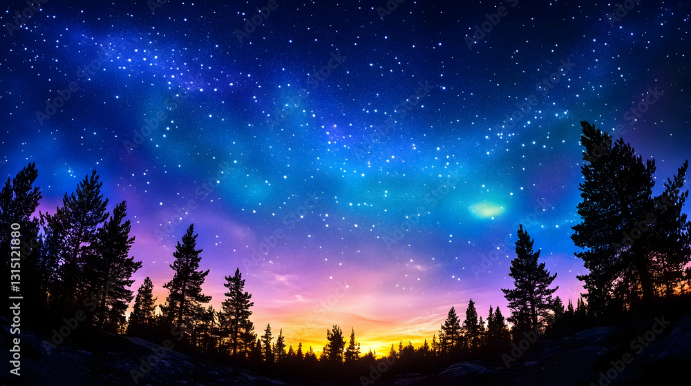 Fototapeta premium Starry night sky with pine trees silhouette and colorful horizon
