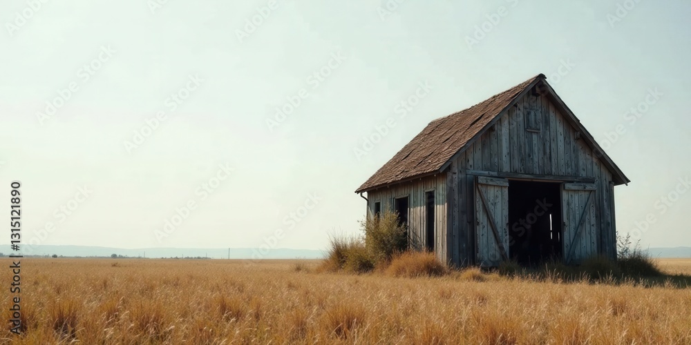 Rustic wooden shed standing solitary in a vast golden field under a pale sky, conveying a sense of quiet solitude and the passage of time. Rustic wooden shed standing solitary in a vast golden field under a pale sky, conveying a sense of quiet solitude and the passage of time.