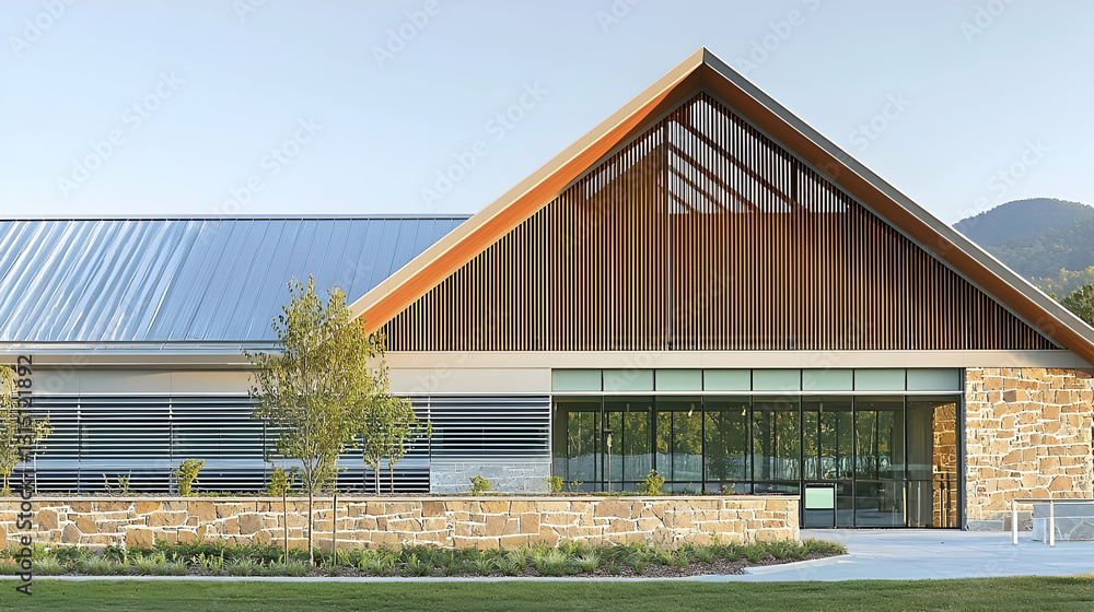 Obraz premium Modern community center exterior, mountain backdrop, landscaping, sunny day; ideal for brochures