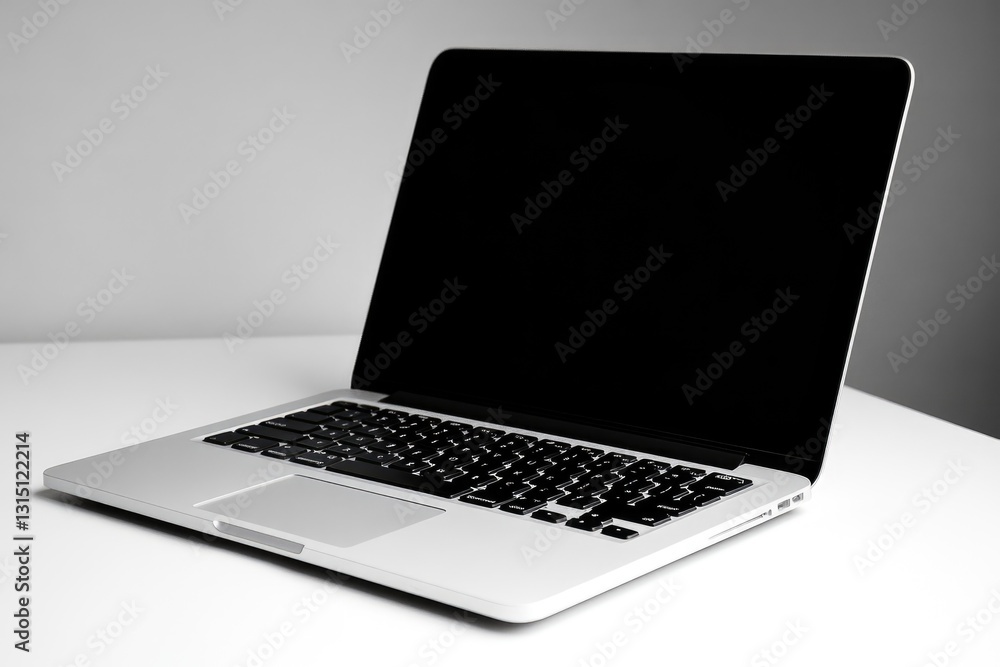 Fototapeta premium A sleek silver laptop with a black screen sits on a white table against a neutral background.