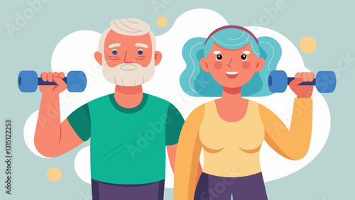 An elderly couple working out together using dumbbells to strengthen their arms and maintain their independence in daily tasks.. Vector illustration