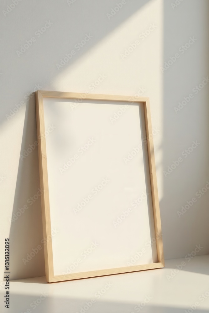 A blank light wood frame rests against a wall, bathed in soft sunlight, offering a minimalist aesthetic for design inspiration A blank light wood frame rests against a wall, bathed in soft sunlight, offering a minimalist aesthetic for design inspiration