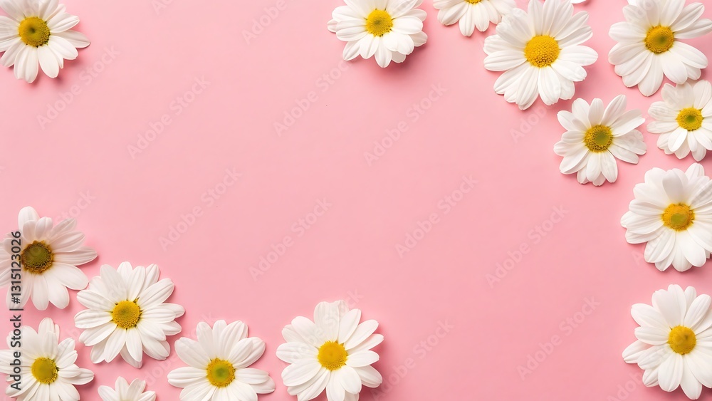 Blooming Daisy Delight: Delicate daisies scattered on a soft pink canvas, evokes a sense of purity, tranquility, and the gentle touch of nature's beauty. Blooming Daisy Delight: Delicate daisies scattered on a soft pink canvas, evokes a sense of purity, tranquility, and the gentle touch of nature's beauty.