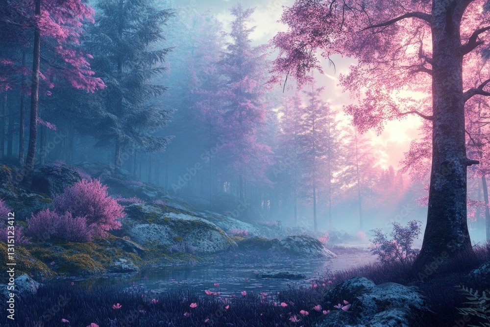 Obraz premium Enchanted forest at sunrise, pastel hues, mist, tranquil scene, pink blossoms, dreamy atmosphere.