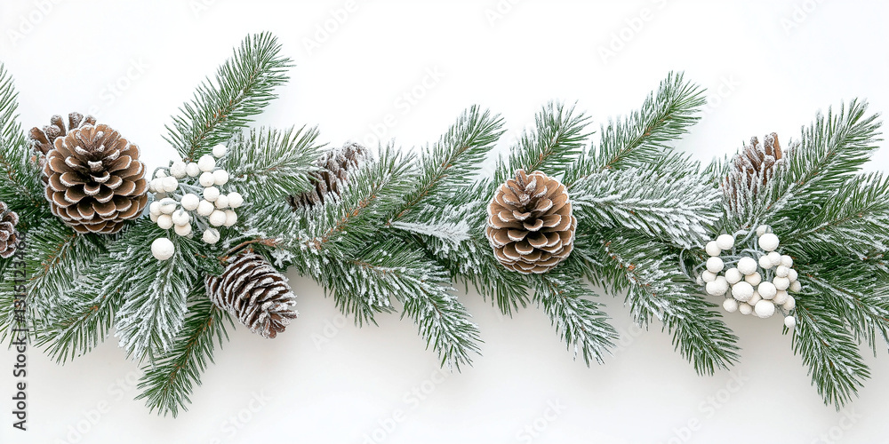 Snow-dusted pine garland with pinecones and white berries on white background Snow-dusted pine garland with pinecones and white berries on white background