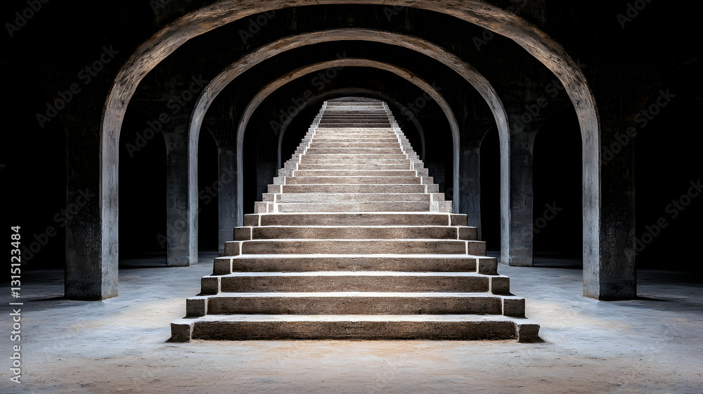 Stone staircase leads upward through arched, dark tunnel toward light