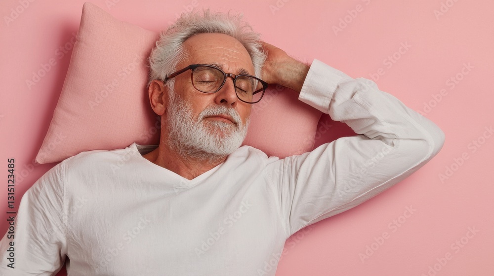 Obraz premium A man with glasses is sleeping on a pink pillow