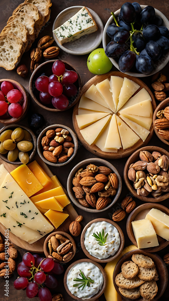 An overhead shot of a beautifully arranged charcuterie board with cheeses, fruits, nuts, and artisan bread.
An overhead shot of a beautifully arranged charcuterie board with cheeses, fruits, nuts, and artisan bread.