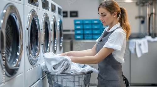 Professional housekeeper performing laundry tasks in a bustling laundromat during the afternoon hours
