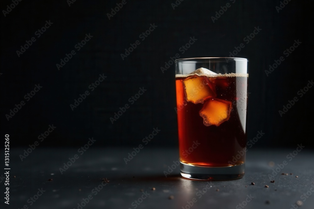 Refreshing Dark Beverage with Ice Cubes in a Glass on Dark Surface Refreshing Dark Beverage with Ice Cubes in a Glass on Dark Surface