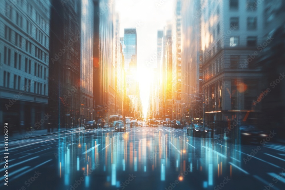 Obraz premium City street at sunset with superimposed financial data.