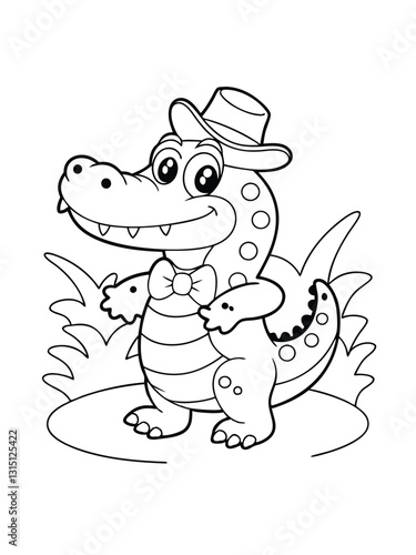 A charming cartoon alligator in a hat and bow tie smiles happily amidst simple grass. Its a delightful coloring page featuring a friendly reptile.