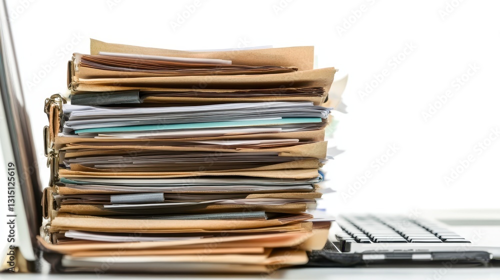 A stack of financial reports and a laptop on a desk on a white isolated background A stack of financial reports and a laptop on a desk on a white isolated background